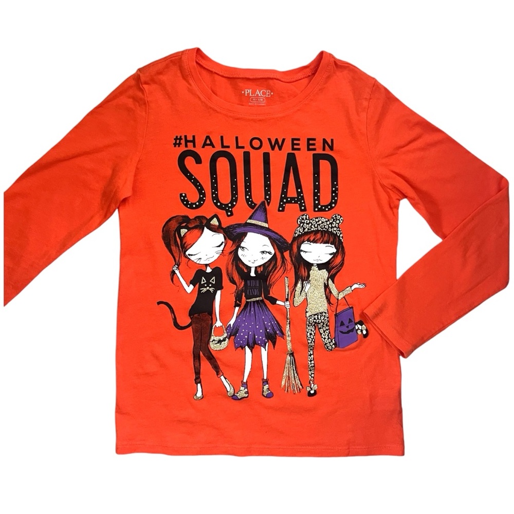 #Halloween Squad Orange Long Sleeve Tee by Place Girls Sz 7/8 - Witch, Black Cat